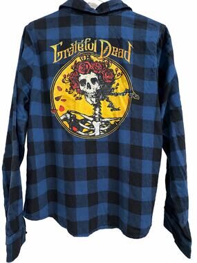 Grateful Dead Bertha Skull Roses Blue Black Buffalo Plaid Flannel Shirt SM